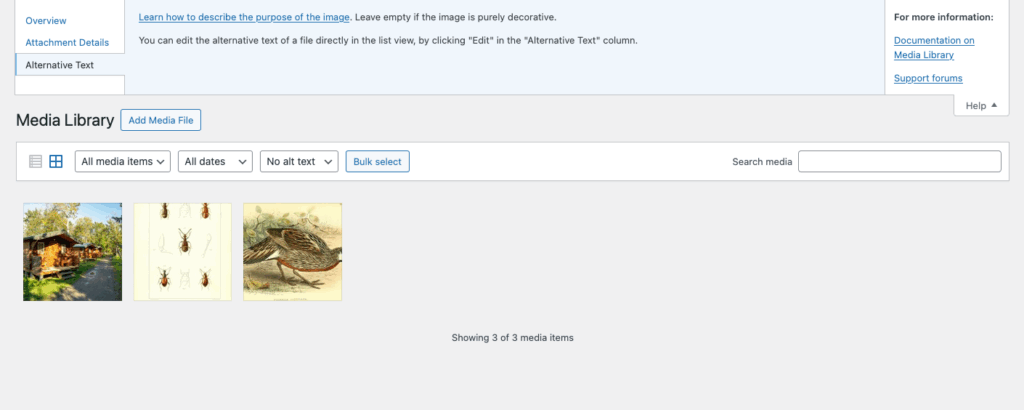 Screenshot of the WordPress media library showing the features added by the plugin: A help-tab about alt texts and a filter to show only images with/without alt text.