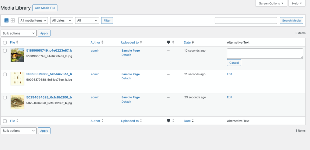 A screenshot of the WordPress media library showing a functionality of the plugin: Quick-editing alt texts for images in the list view.