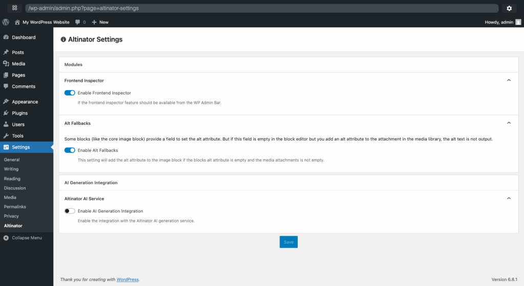 A screenshot of the plugins setting screen, where features can be enabled/disabled: The "frontend inspector" module which helps with highlighting images without alt text in the frontend" and a second which outputs the attachments alt text even if the image block does not have a specific alt text set.
There's also a disabled setting for an upcoming auto-generation tool.